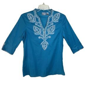 Chico’s Size 1 Women’s Med Blue White Silver 3/4 Sleeve V Neck Women’s Tunic Top